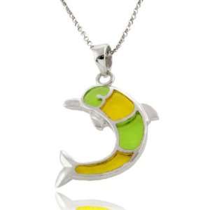  Sterling Silver Green and Yellow Dolphin Pendant: Jewelry