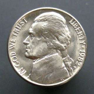 1982 d jefferson nickel choice bu minted at denver mint very hard to 