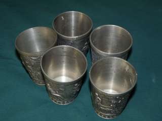 Vtg Frieling Zinn Pewter 5 CUPS Set Tumblers GERMANY Man Woman Relief 