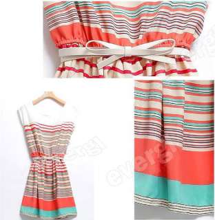 New Colorful Stripes Party Mini Dress Clubwear Free Bowknot Belt 