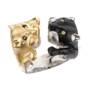    DOUBLE CATS RING WITH BLACK AND YELLOW EYES CHELINE Jewelry