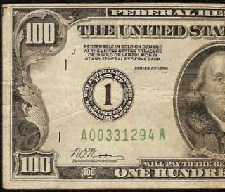 1928 $100 DOLLAR BILL GOLD ON DEMAND FEDERAL RESERVE NUMERICAL NOTE Fr 