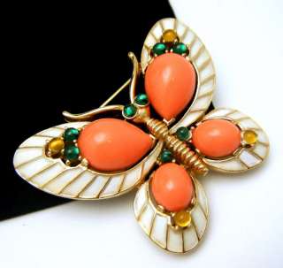 Crown Trifari LOrient Butterfly Brooch Faux Coral Lucite Glass Enamel 