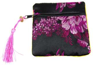 SILK FENG SHUI COIN POUCH Black Flower Zipper Case Bag  