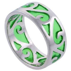    Sterling Silver Swirl Emerald Green Resin Flat Band size 7 Jewelry