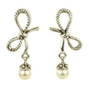  Marcasite Bow with Faux Pearl Drop Earrings Jewelry