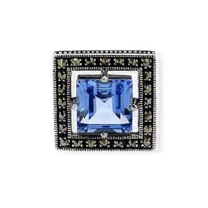    925 Sterling Silver Blue Glass & Marcasite Pendant: Jewelry