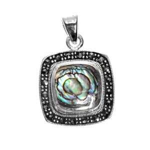    Sterling Silver & Abalone Vintage Square Marcasite Pendant Jewelry
