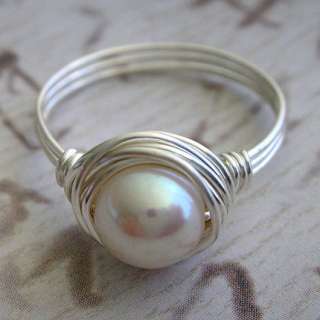 Wire Wrapped White Freshwater Pearl Ring Size 5 6 7 8 9  