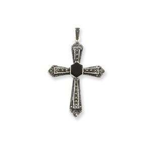   Marcasite Onyx Cross Pendant   18 Inch   Spring Ring   JewelryWeb