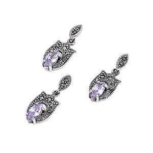 Sterling Silver Marcasite Pendant and Earring Set   Marquis Cut 