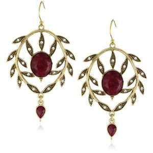 Lucky Brand Siam Ruby Gold Tone Pave Leaf Chandelier Earrings