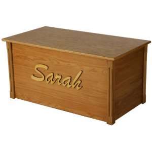 : Personalized Oak Wood Toy Box with Raised Letters Brush Script Font 