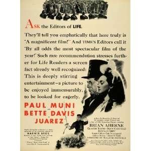  1939 Ad Warner Bros Movie Juarez Film Motion Pictures Paul 