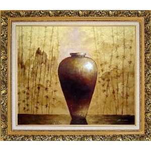 Gold Earthen Jar Oil Painting, with Ornate Antique Dark Gold Wood 