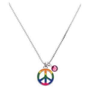  Peace Sign Charm Necklace with Rose Swarovski Crystal Drop: Jewelry