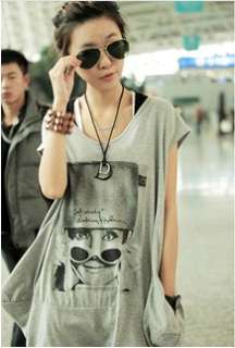   Fashion Glasses Woman Printed Plus Size Bat wing T shirt Grey i2700536