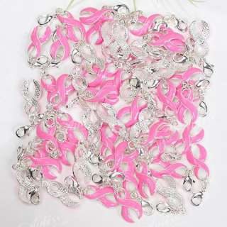 50P Pink Enamel Ribbon Spacer Clasp Dangle Charm Beads  