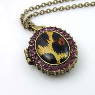 Retro Purple Stone Animal Print Oval Locket Necklace  