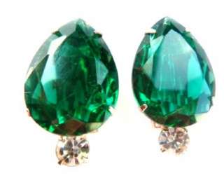 Vintage 50s Silver Tone Emerald Green Crystal Tear Drop Clip On 