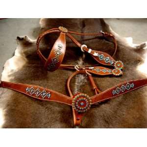   COLLAR WESTERN LEATHER HEADSTALL WITH BLUE BLING 