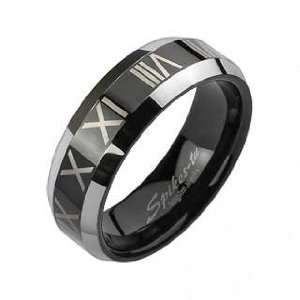   Plated Tungsten Ring with Roman Numerals and Beveled Edges: Jewelry