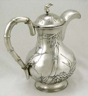 Chinese Export Silver Duck Spout Coffee Pot Bamboo Tuck Chang 