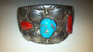 Apache Carlos White Eagle   Turquoise & Coral Sterling Silver Bracelet 