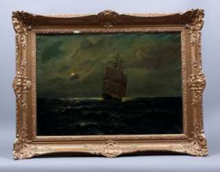 ANTIQUE NOCTURNAL SEASCAPE SIGNED WIDE GOLD FRAME OIL PAINTING 