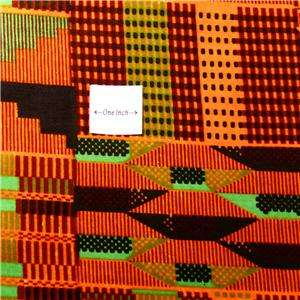 African Kente Cloth, Wax Dyed Cotton Fabric; Gorgeous Orange, Green 