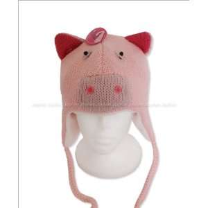  New Womens Animal Face Knit Hat with Ear Flaps  Pig  One 