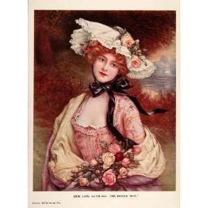 1908 Print Color Portrait Victorian Woman Roses Hat   Original Print 