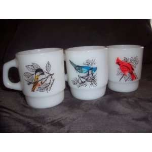 Set of 3 Fire King Song Birds Blue Jay / Cardinal / Chickadee Mugs 