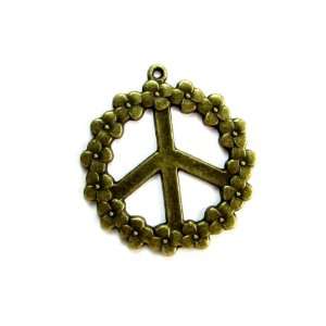 Flower Petal Peace Sign Antique Brass Pewter Pendant on Ball Chain 