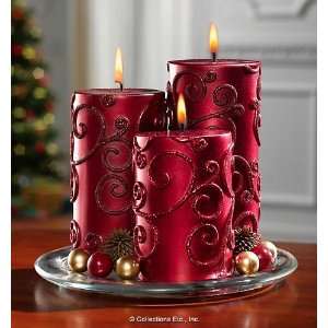  Red Scroll Pattern Holiday Pillar Candle Set with 