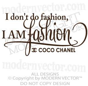 Coco Chanel Quote Vinyl Wall Decal Lettering I AM FASHION Girls 
