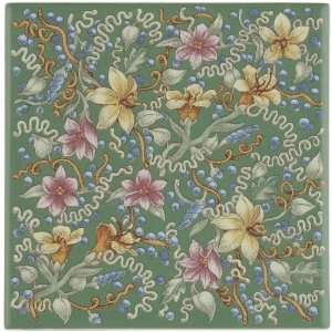   Trellis Decorative Field Tile, Green Dense Floral Pattern, White: Home