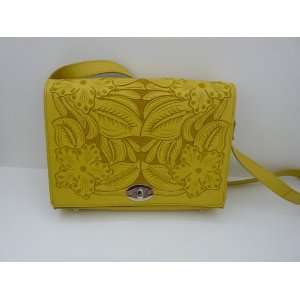 100% Leather Light Yellow Purse with Leaf and Flower 