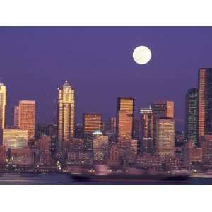  Seattle Skyline with Full Moon, Washington, USA Giclee 