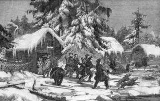 SWEDEN: Bear Hunting.Skiing. Old Antique Engraving.1856  