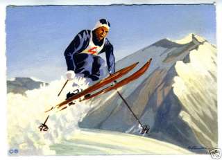 Great 1950s Artist Signed Postcard Skiier Switzerland 2  