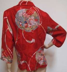   100% Silk Beautiful Red Asian Mandarin Artsy Blouse Top Sz M  
