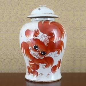  Red Dancing Lion Jar with Cover   Classic Type, 11 x 16H 