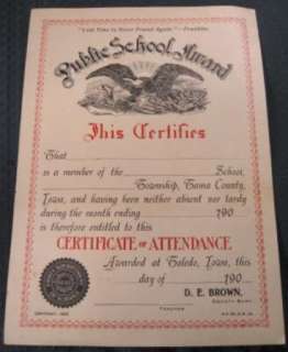 1902 Toledo Tama County Iowa Attendance School Award  