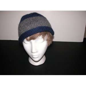   : Gray on Blue Rolled Brim Hand Knit Beanie Wool Hat: Everything Else