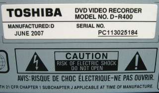 TOSHIBA D R400 DVD VIDEO RECORDER DR400  