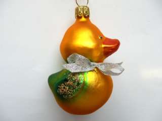 GOLD DUCK GERMAN BLOWN GLASS CHRISTMAS ORNAMENT DECORATION SLV BOW 