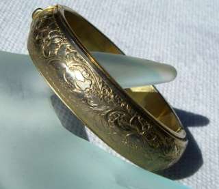 Vintage Goldtone Floral Etched Hinged Bangle Bracelet  