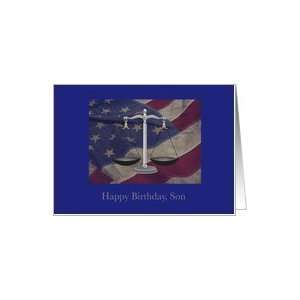  Birthday, Lawyer, Son, US Flag, Scales of Justice Card 