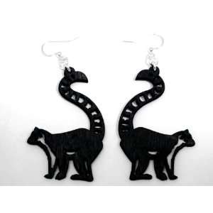  Black Satin Ring Tailed Lemur Wooden Earrings: GTJ 